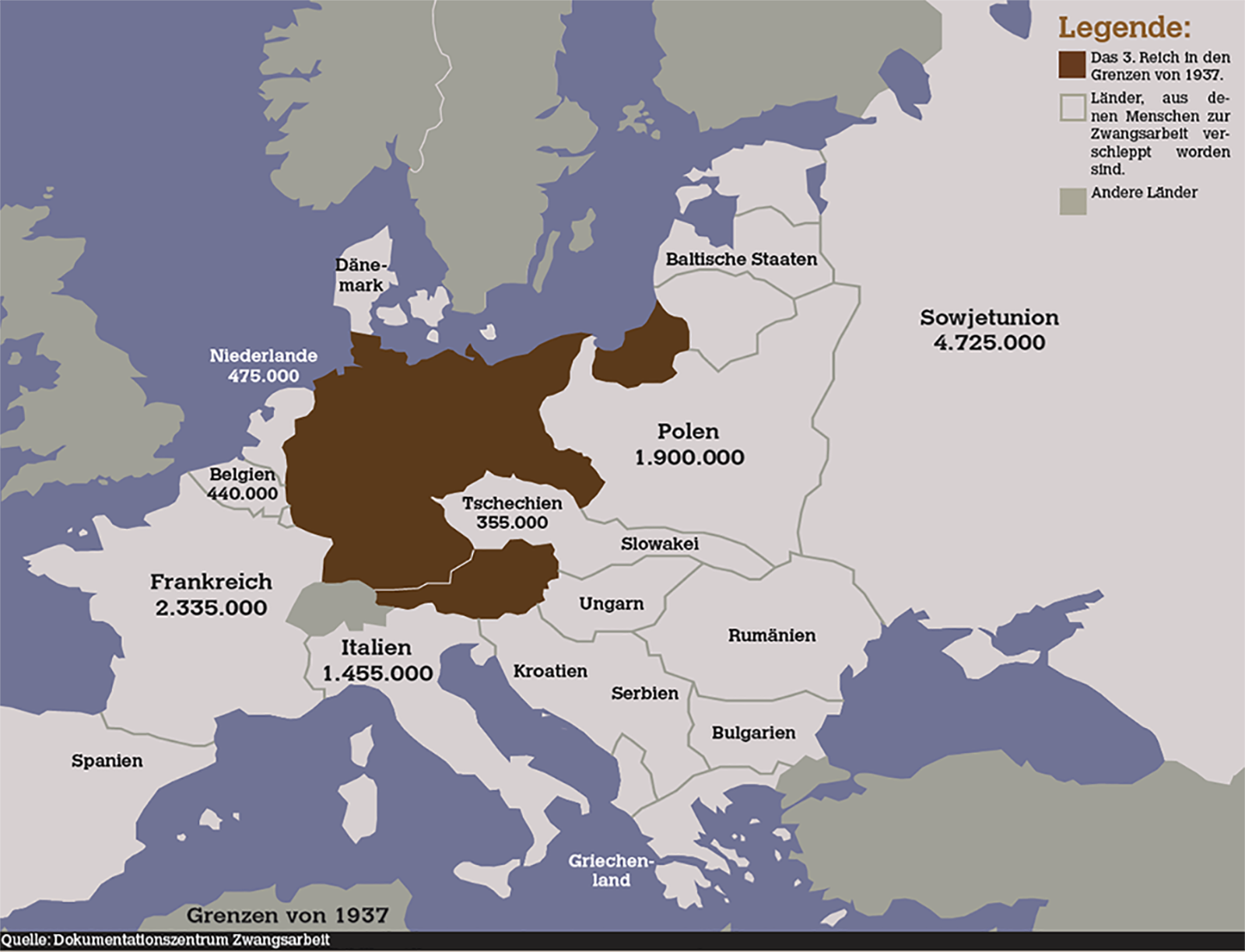 Europakarte mit Herkunftsländer der zivilen Zwangsarbeiter