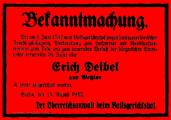 Aushang der Hinrichtung von Erich Deibel