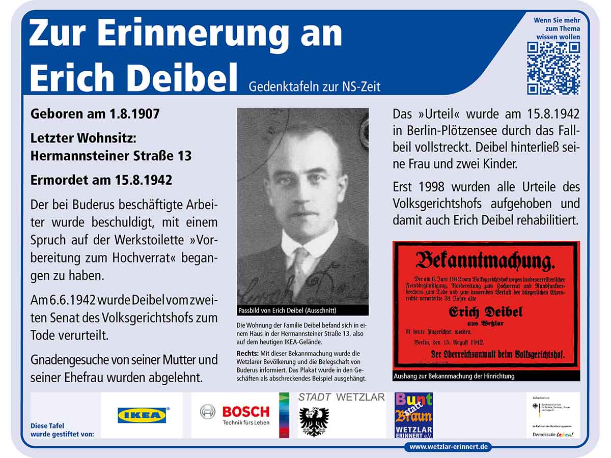 Gedenktafel 2 Gedenktafel zu Ehren von Erich Deibel