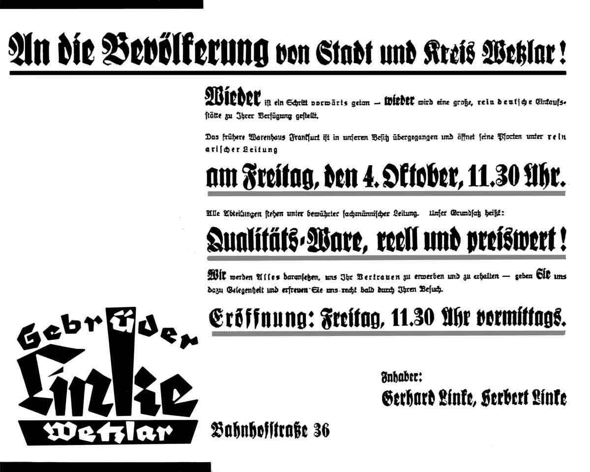 Inserat im Wetzlarer Anzeiger vom 03.10.1935 der Gebr. Linke