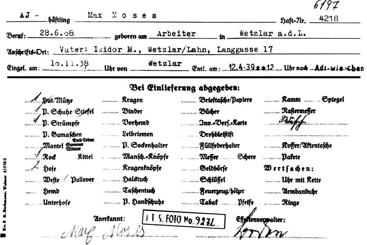 Häftlingskarteikarte im KZ-Buchenwald für Max Moses