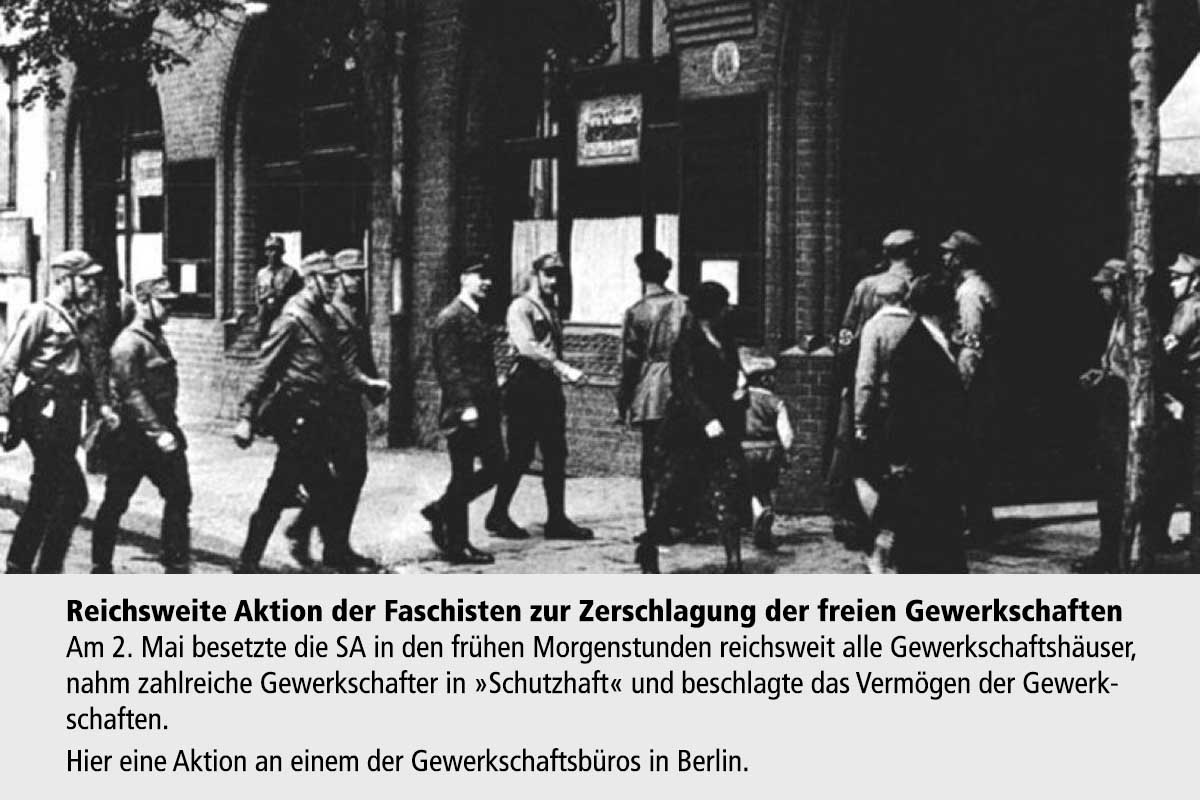 2. Mai 1933. Reichsweite Zerschlagung der freien Gewerkschaften. Hier SA-Aktion vor einem Berliner Gewerkschaftshaus