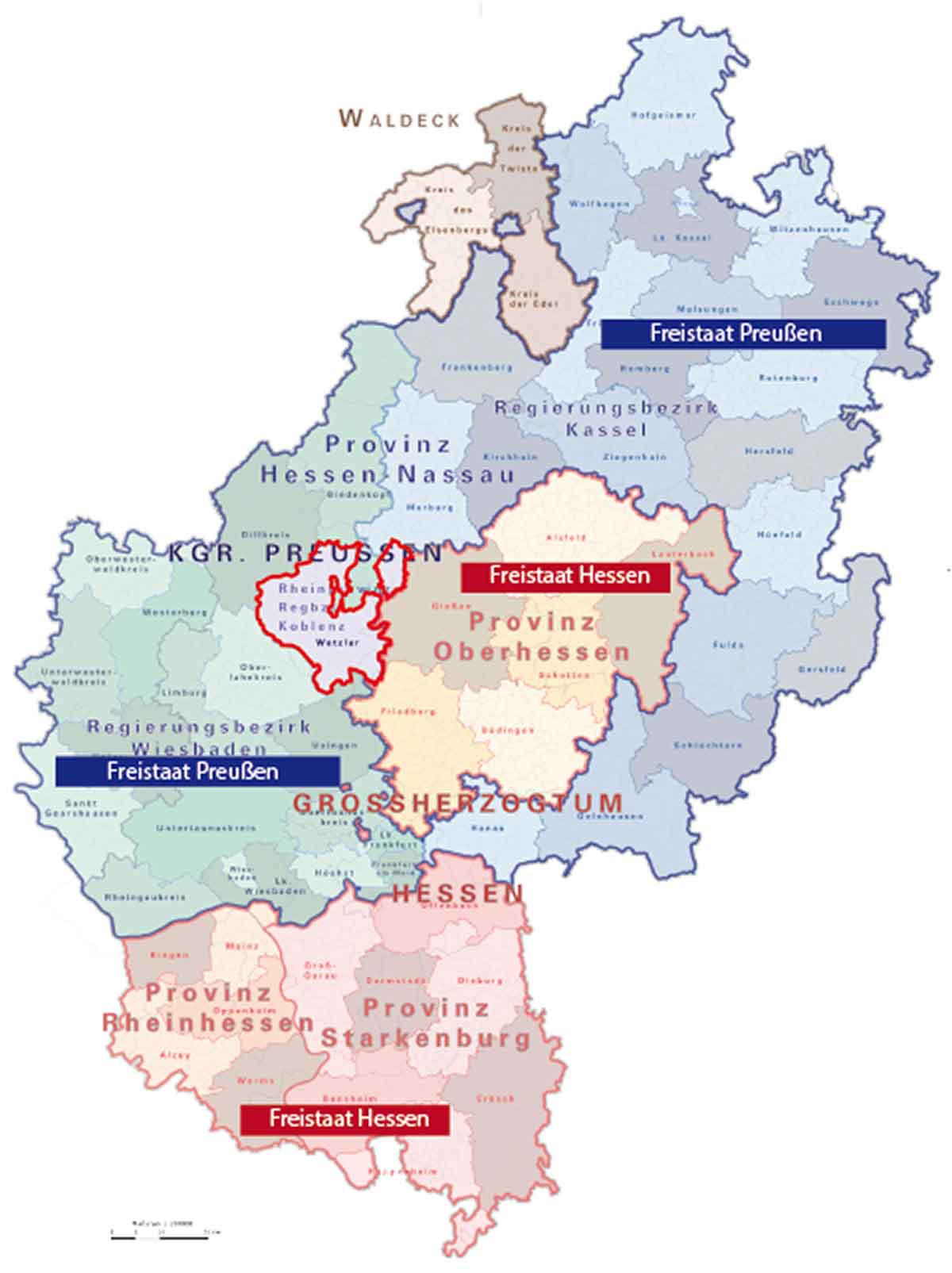 Karten mit den Hessischen Staaten in den Grenzen von 1928. Rot markiert der Landkreis Wetzlar, Exklave der Preußischen Rheinprovinz.