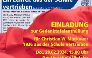Gedenktafelenthüllung Tafel 18 für Christian W. Mackauer am 29.02.2024 an der Goetheschule