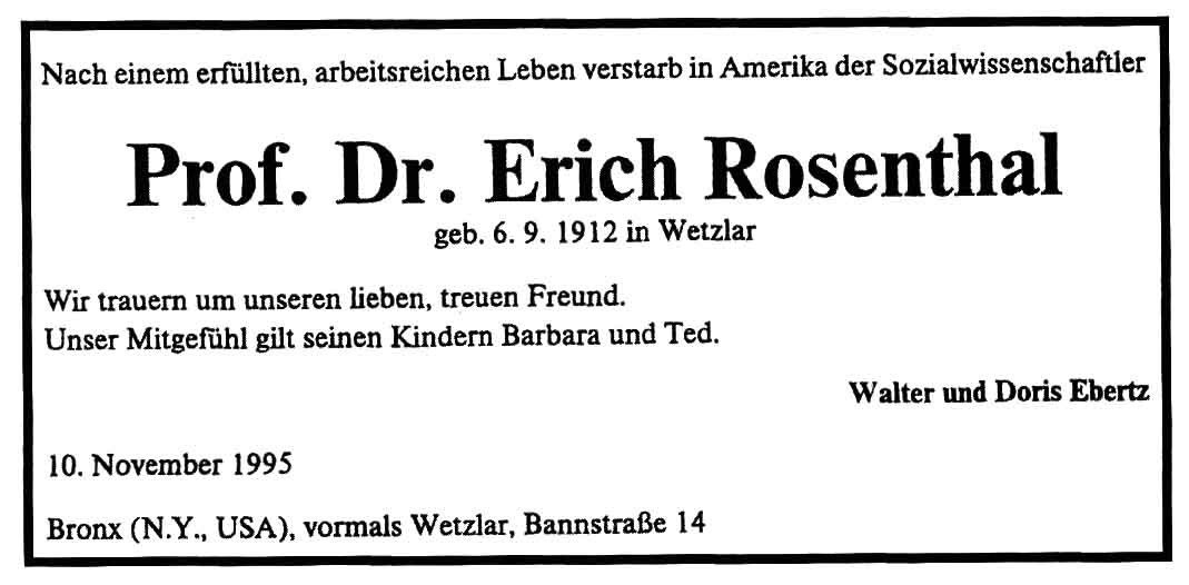 Todesanzeige in der WNZ vom 28.11.1995 für Prof. Dr. Erich Rosenthal, der am 10. November 1995 n New York verstarb.