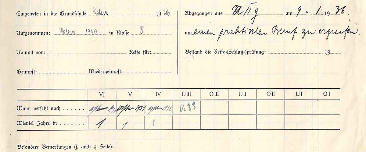 Abgangszeugnis von Hans Stern »um einen praktischen Beruf zu erlernen«