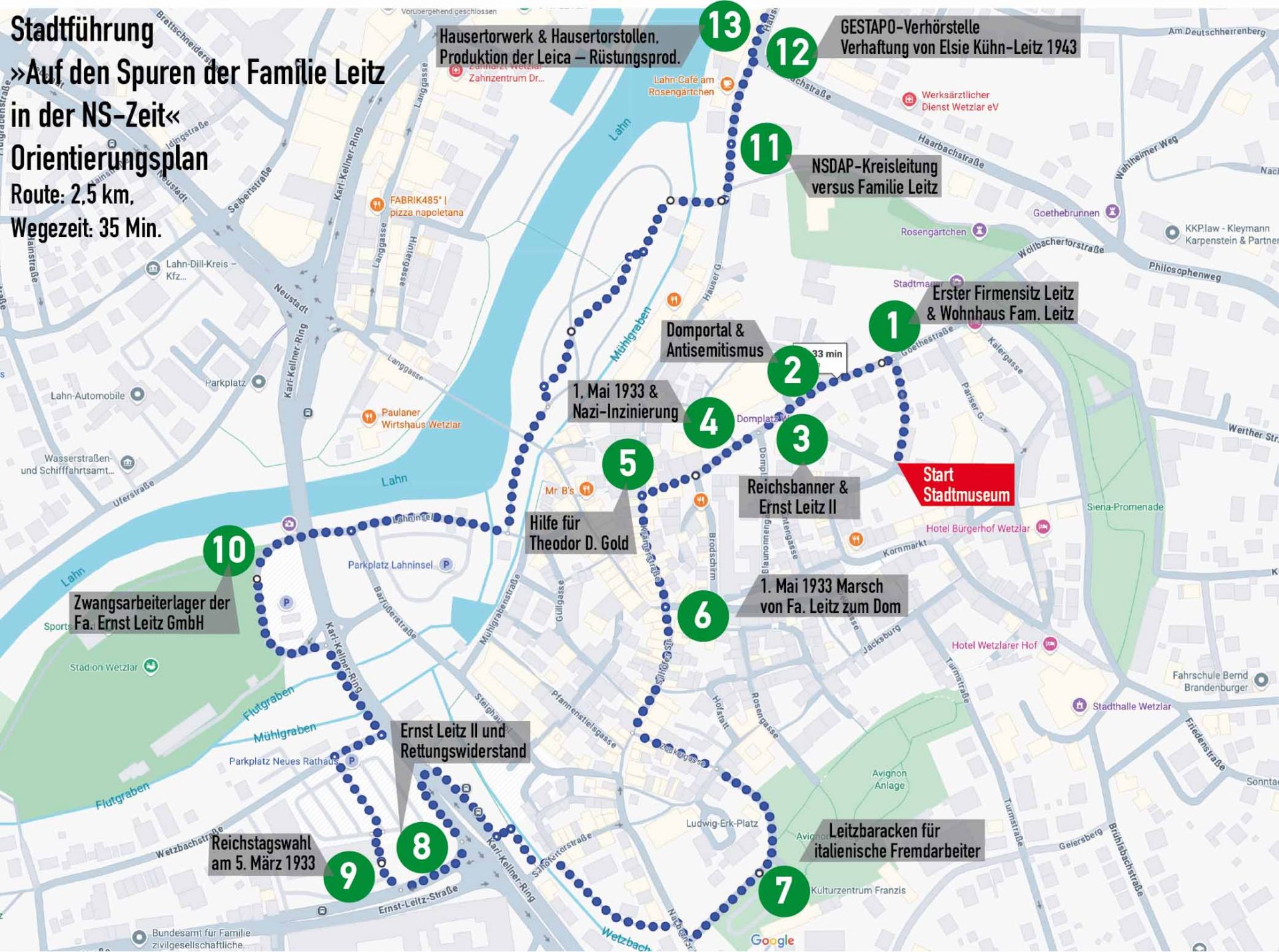 Route zur Führung »Auf den Spuren der Familie und Fa. Leitz zur NS-Zeit«
