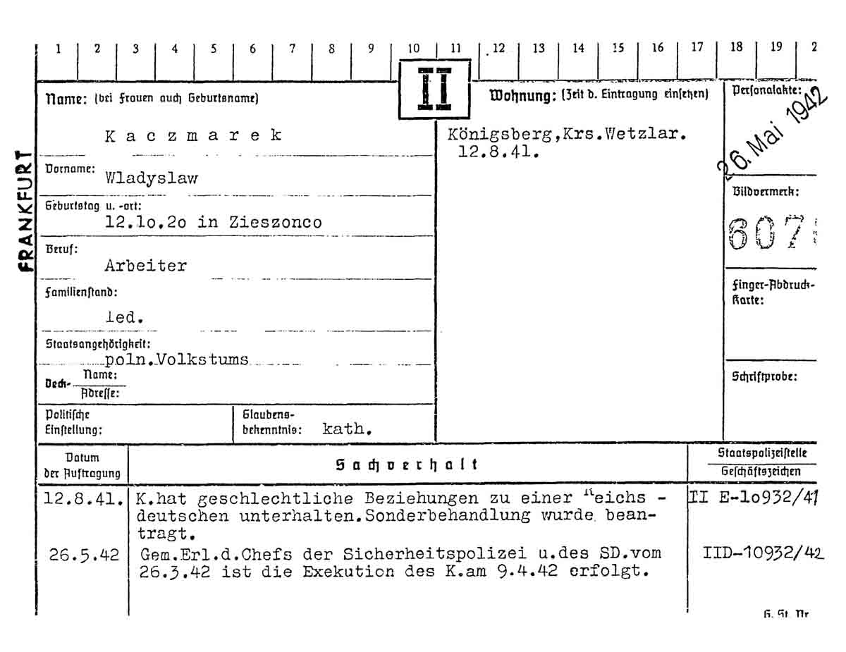 Karteikarte der Gestapo Frankfurt für Wladislaw Kaczmarek