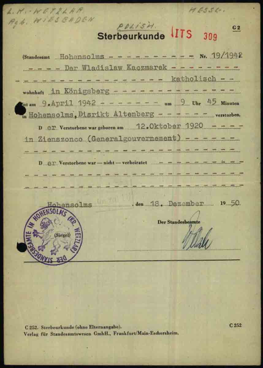 Sterbeurkunde der Gemeinde Hohensolms (LK WZ für Wladislaw Kaczmarek, ausgestellt am 18.12.1950