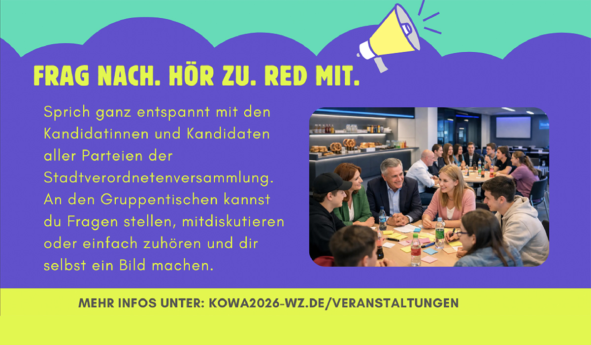 Motivbild »Mitreden & Zuhören« am 25.02.2026 in der Stadtbibliothek zur Kommunalwahl 2026