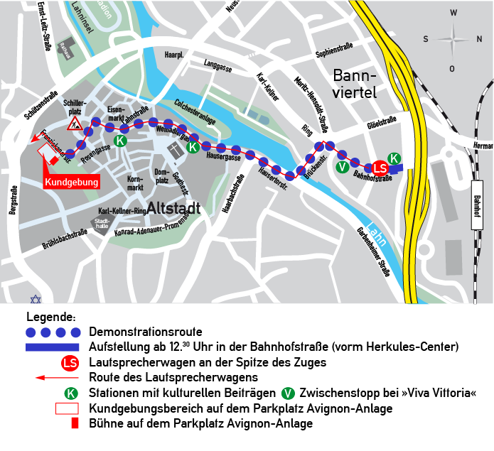 2026-03-07 Streckenverlauf Demonstration und Kundgebung Orientierungsplan für Demonstration und Kundgebung zur Kommunalwahl am Sa., 07.03.2026 in Wetzlar